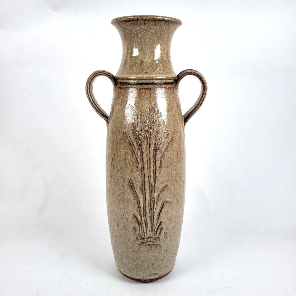 Vtg Studio Pottery Ceramic Vase Wheat & Double Handles Richard Dick Lien 13.25"